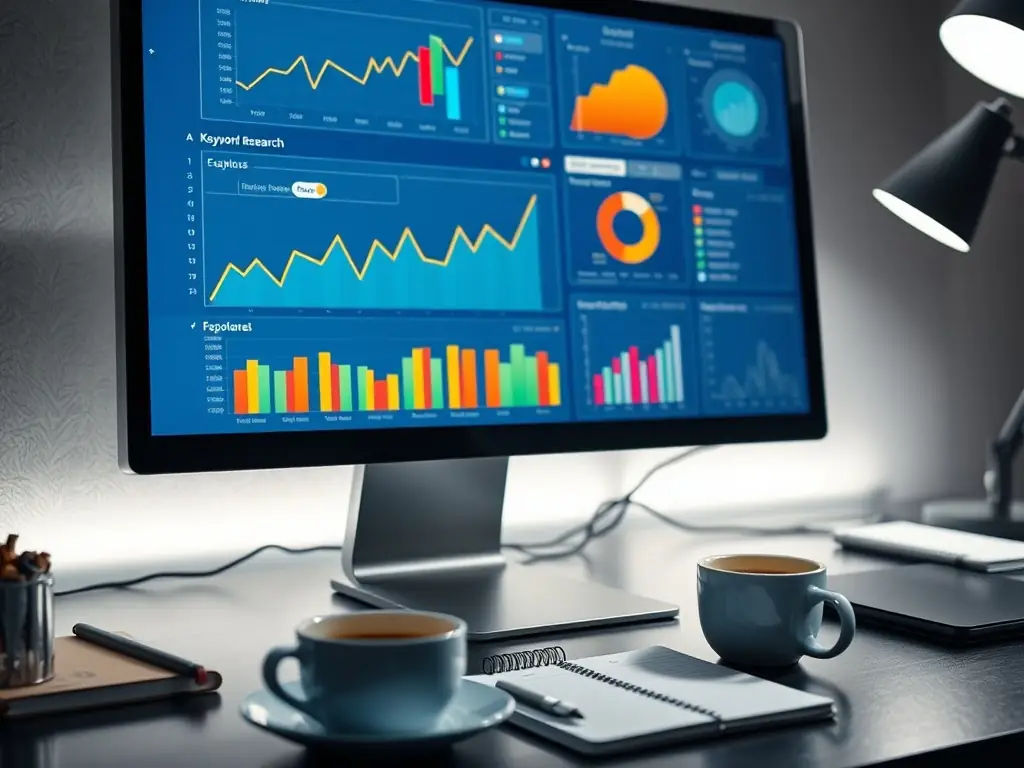 A professional workspace with a laptop displaying SEO analytics, surrounded by marketing strategy documents and a cup of coffee, symbolizing data-driven SEO services.