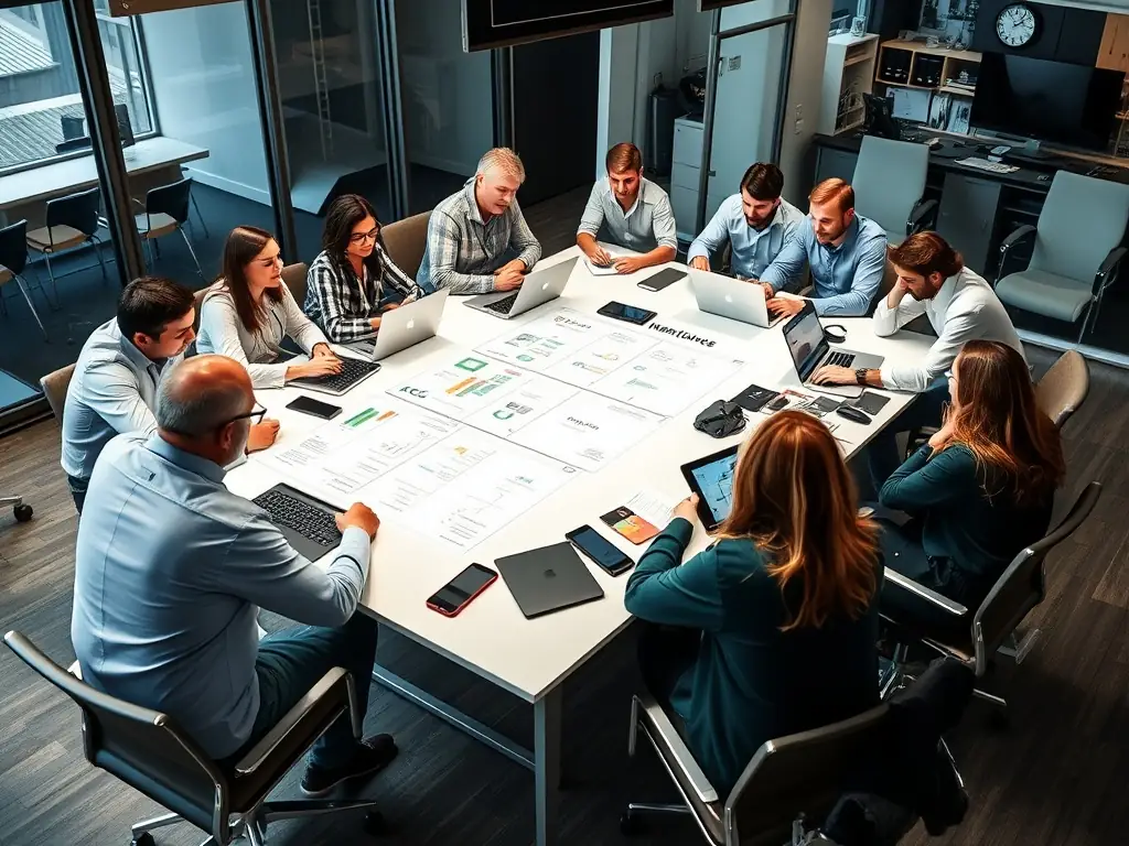 A team collaborating on a social media marketing strategy, showcasing content calendars and engagement metrics.