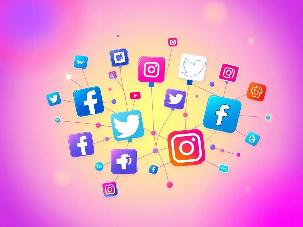 A dynamic image featuring various social media icons (Facebook, Instagram, LinkedIn) arranged creatively, representing the interconnectedness of social media marketing.