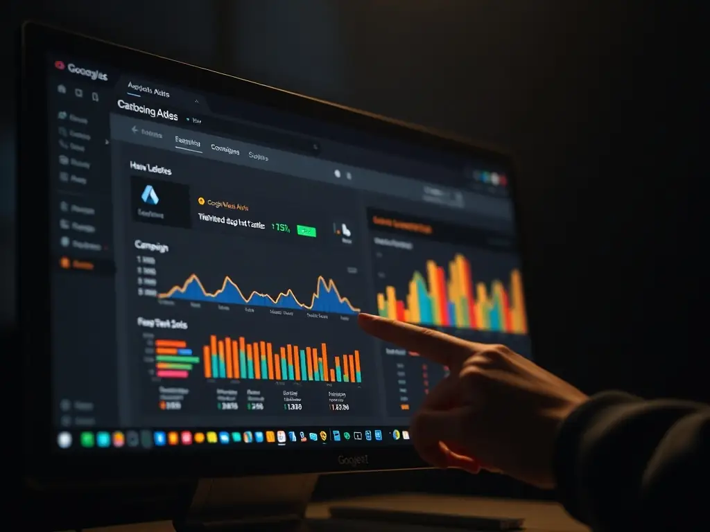 A vibrant image of a Google Ads dashboard showcasing campaign performance metrics, charts, and graphs, highlighting the effectiveness of Google Ads management.