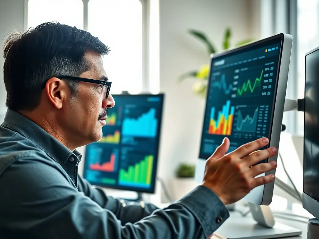 A professional optimizing a website's SEO on a laptop, showcasing keyword research and on-page optimization techniques.